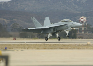 061016-N-3488C-204 Miramar, Calif. (Oct. 16, 2006) - An F/A-18F Super Hornet assigned to the "Screaming Eagles" of Strike Fighter Squadron One Twenty-Two (VFA-122) lands after a demonstration at the Miramar Air show. The Miramar Air Show is celebrating its 50th Anniversary and is part of the San Diego Fleet Week, a month long celebration of southern CaliforniaÕs Navy and Marine Corps personnel. U.S. Navy photo by Mass Communication Specialist Airman Jonathan David Chandler (RELEASED)