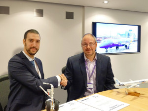 Luke Farajallah, COO & Accountable Manager at Flybe (on the right), and Pierre Herbillon, Regional Sales Manager at Liebherr-Aerospace Lindenberg GmbH at the contract signature ceremony. Photo: Liebherr.